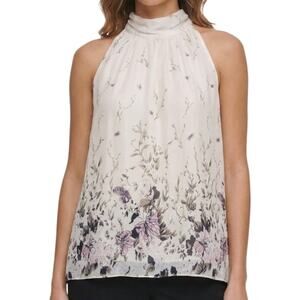 Via Signoria Cream Floral Purple Green Flowers Silk Sleeveless Halter Top size M